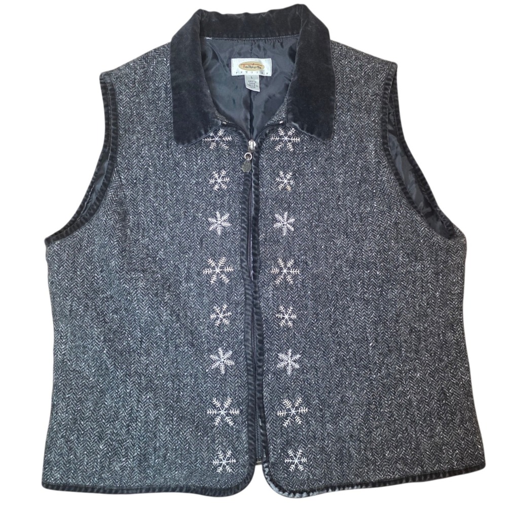 Talbots Womens PL Gray Wool Silk Herringbone Snowflake Embroidered Zip Vest